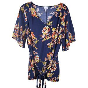 Isabel Maternity | Navy & Floral Butterfly Sleeve Tie Waist Blouse